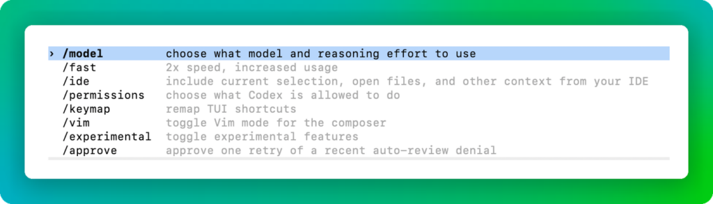 Список команд внутри Codex: например, /model открывает выбор модели