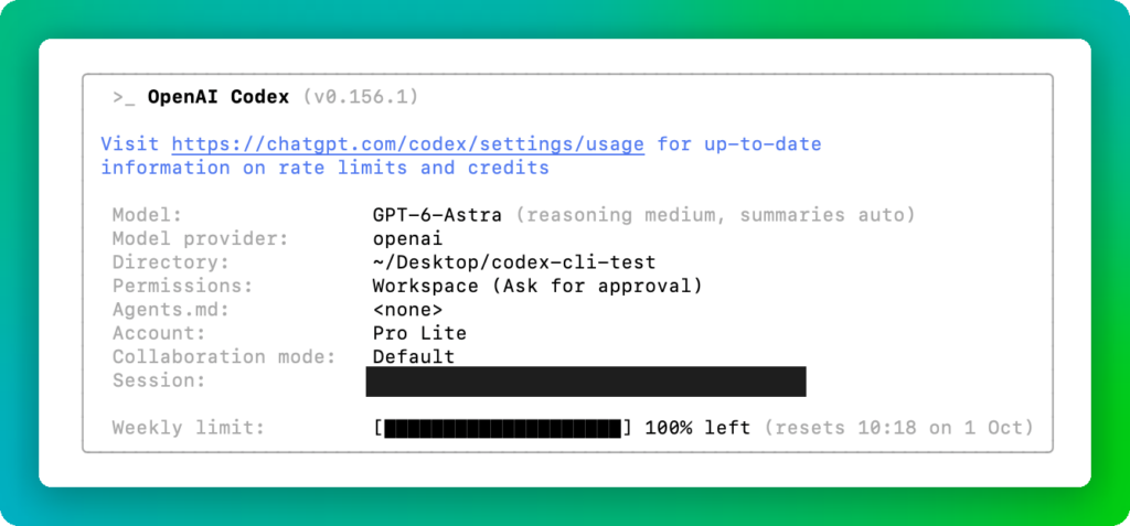 Вывод /status в Codex CLI: модель, рабочая папка и недельный лимит