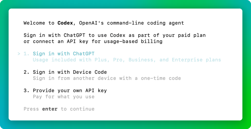 Экран входа в Codex CLI: первый вариант — вход через ChatGPT